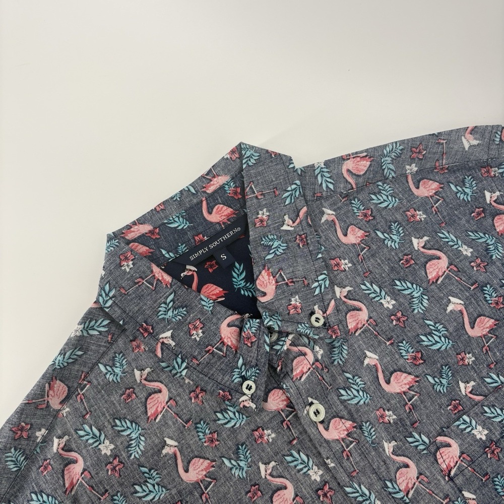 Simply Southern Tropical Flamingo Print Short Sleeve Button Up Shirt Size Small